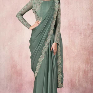 Dusty Green Silk Plain Party Wear Saree