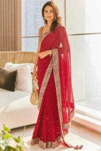 Embroidered Georgette Cherry Red Light Weight Saree For Eid