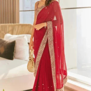 Embroidered Georgette Cherry Red Light Weight Saree For Eid