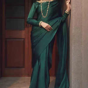 Plain Pakistani Silk Bottle Green Eid Saree