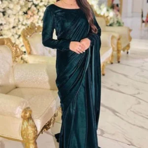 Plain Velvet Teal Green Wedding Saree