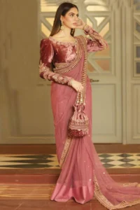 Party Wear Zari Embroidered Saree in Net Coral Pink