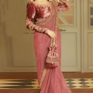 Party Wear Zari Embroidered Saree in Net Coral Pink