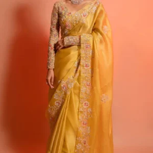 Turmeric Yellow Organza Embroidered Fancy Saree